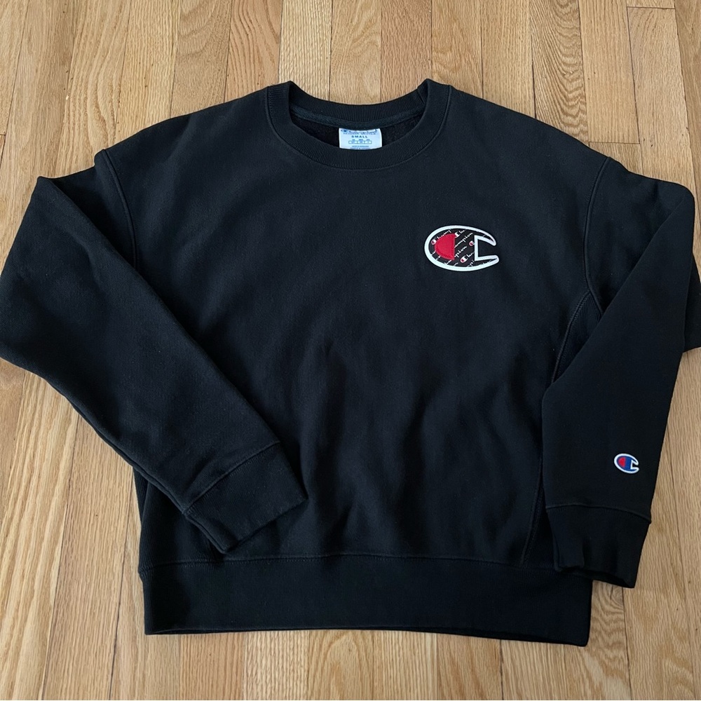 VTG Champion Small Weave Sweatshirt Women's Black Crewneck Pullover 2000s